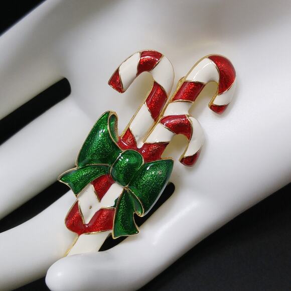 Vintage Enamel Candy Canes Brooch, Green Metallic Bow, 1960s Jewelry - Picture 8 of 10